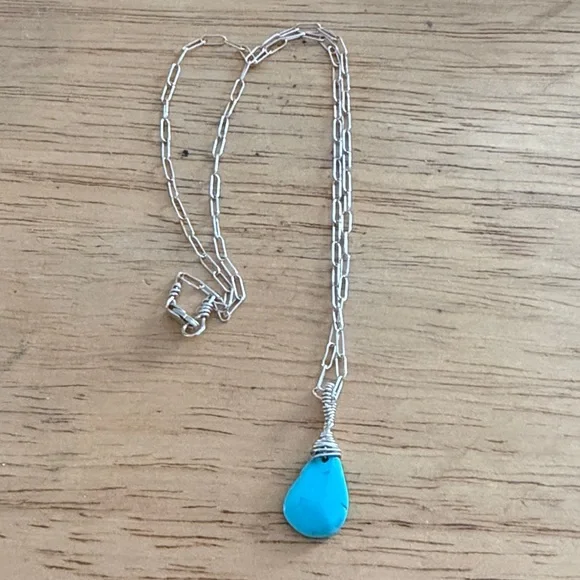 Turquoise Teardrop Pendant Necklace - Sterling Silver Chain - Picture 1 of 3